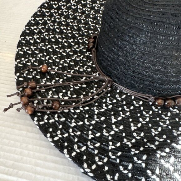 Fashion Hat Wide Brim Woven Sun Hat Beaded String Band NWT Black - Picture 6 of 15